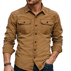 Chemise en jean marron pour homme, manches longues, décontractée, boutonnée, couleur unie, coupe ajustée, col rabattu, manches complètes, en coton infroissable - Product Image 1