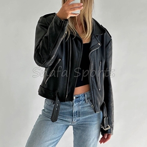 แจ็คเก็ตหนังแท้ผู้หญิงทรงโอเวอร์ไซส์บางเบา สไตล์ไฮสตรีท ปิดด้วยซิป ทนทาน นุ่มสบาย ทันสมัย กันลมสำหรับฤดูหนาว - Product Image 5