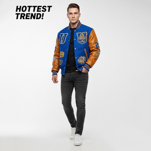 SHY SPORTS Blouson universitaire personnalisé OEM bleu roi avec manches en cuir doré, écusson tigre et multiples patchs, style Letterman, veste bomber - Product Image 5
