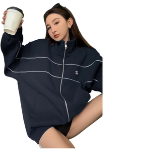Sweat-shirt zippé à manches longues pour femme, coupe oversize, couleur unie, en coton tricoté, décontracté, pour l'automne et l'hiver, col montant - Product Image 1