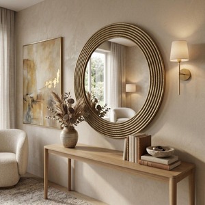 Gold Ribbed <b>Round</b> <b>Mirror</b> with Metal Frame and Smooth Edge Modern Luxury Handmade <b>Wall</b> Decor From REHMAN CRAFT - Product Image 3
