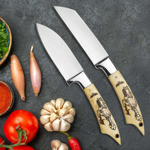 7 Pcs Kitchen <b>Knives</b> <b>Set</b> Stainless Steel Blade Bone Handle Vintage Style Leather Sheath Ambidextrous High Polish Finish OEM ODM - Product Image 3