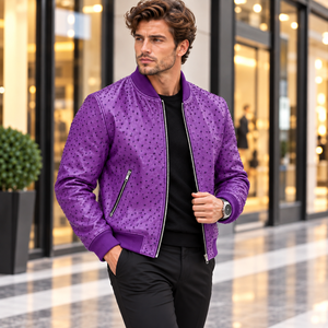Blouson Bomber en Cuir Clouté de Luxe pour Homme avec Col et Poignets Côtelés, Fermeture Éclair – Manteau Décontracté Tendance Hiver - Product Image 3