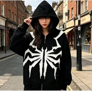 Sudadera Negra con Capucha y Cierre, con Estampado de Araña Blanca, Corte Regular, Unisex, Informal, de Felpa, 100% Algodón, Ecológica, para Otoño - Product Image 3
