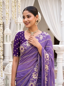 Blusa de Sari de Seda Bordada en Morado, Tradicional India y Pakistaní, para Mujer, Larga hasta el Suelo, Corte Regular, Sin Arrugas, Protección Solar - Product Image 5
