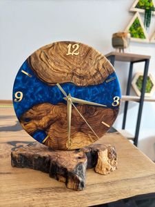 Olive Wood & Blue Resin Desk <b>Clock</b> Handmade Modern Decor - Product Image 6
