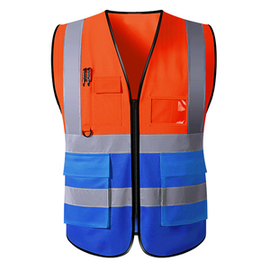 Gilet de sécurité haute visibilité réfléchissant ANSI Classe 1 imperméable avec logo personnalisé, poches orange et bleues, fermeture éclair - Product Image 1