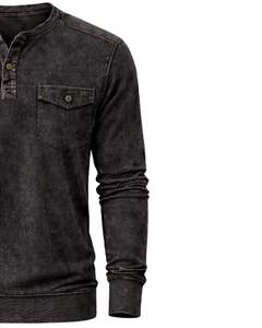Sudadera Henley de Manga Larga para Hombre, Lavado Ácido, Color Negro, Estilo Casual con Botones y Bolsillo, Prenda de Invierno, Algodón, Corte Ajustado - Product Image 4