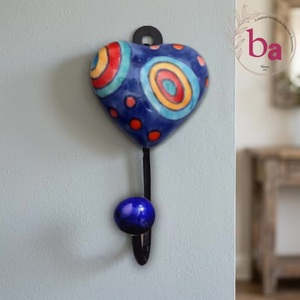 Beads Art Handmade Ceramic Heart Wall Mounted Multifunction Blue Multicolor Pattern Novelty Decorative <b>Single</b> <b>Hook</b> - Product Image 4
