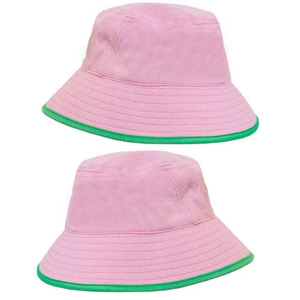 <b>Pink</b> Mesh <b>Bucket</b> Hat with Green Trim Unisex Casual Summer Beach Hat for Children Solid Color Adjustable Fit - Product Image 1