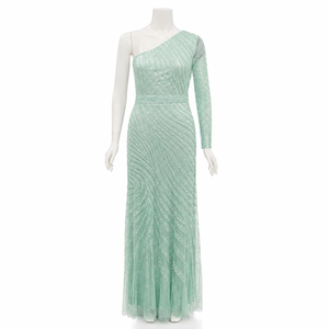 Mint Green <b>Sequin</b> Evening Gown Women One Shoulder Long Sleeve Embellished Maxi Dress Elegant Wedding Prom Party Formal Occasion - Product Image 1