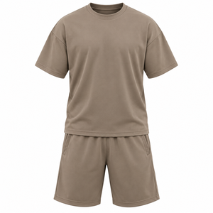 Ensemble t-shirt et short surdimensionné taupe pour homme, vêtements décontractés en coton tricoté, deux pièces - Product Image 1
