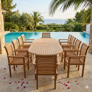 Ensemble de salle à manger d'extérieur en bois de teck, table rectangulaire 10 places avec chaises, mobilier de jardin méditerranéen résistant aux intempéries - Product Image 1
