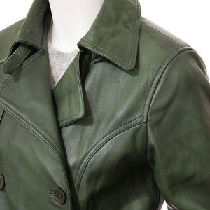 <b>Women's</b> Green Genuine Leather <b>Double</b> <b>Breasted</b> <b>Coat</b> With Belt Turn-down Collar Full Sleeve Wholesale Supplier - Product Image 4