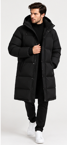 <b>Men's</b> <b>Long</b> Hooded Puffer Jacket <b>Black</b> Thick Winter <b>Coat</b> Zipper Warm Quilted Casual Windproof Outerwear Front Logo Polyester - Product Image 2