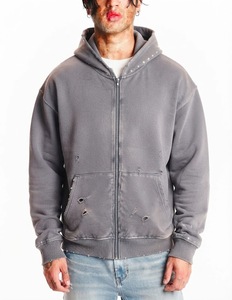 Sudadera con Capucha Vintage Lavada, Estilo Urbano Desgastado, con Tachuelas en Capucha y Puños, Bolsillo Canguro, Casual de Invierno 100% - Product Image 1