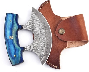 Couteau Ulu artisanal en acier Damas avec manche en bois Pakka pour la découpe et la préparation des aliments en cuisine (hachage, découpe en dés, tranchage) - Product Image 2