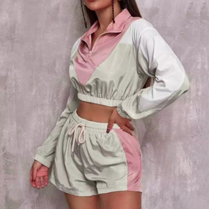Women's Color Sporty 2 Piece Shorts Full Sleeve Stand Collar Zipper Breathable Polyester Spring Summer Casual Wear Shorts <b>Set</b> - Product Image 4