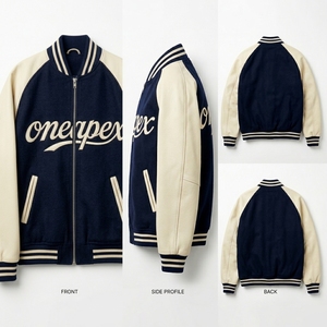 Veste zippée en mélange de laine bleu marine et crème pour homme, avec logo personnalisé, col et poignets en tricot côtelé, style streetwear décontracté, vente en gros, fabricant OEM, vêtements - Product Image 6