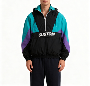 Men's Custom Logo 1/2 Zip <b>Jogger</b> Color Block Nylon Sweat Sportswear Tracksuits Patchwork Pullover Windbreaker Jacket for Spring - Product Image 1
