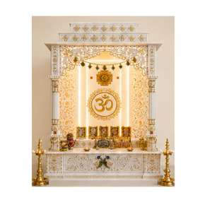 Modern White Wooden Pooja <b>Mandir</b> with Om Chakra Pooja Ghar Design with LED Backlight Custom Pooja Temple Cabinet for Home UK - Product Image 1