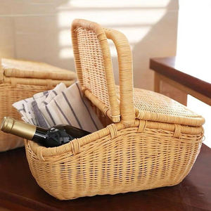 Country Style Woven <b>Wicker</b> Picnic <b>Basket</b> Boat Shaped Natural Rattan Food Wine <b>Storage</b> Hamper Double Lids Outdoor Activity Cases - Product Image 2