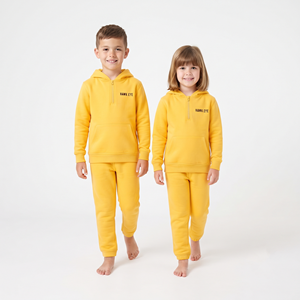 Conjunto Deportivo Cómodo con Capucha y Media Cremallera, Color Amarillo Sólido, para Niños, de Algodón, Dos Piezas - Product Image 3