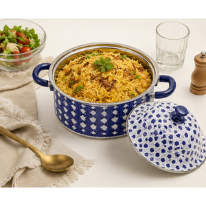 Casserole vintage en émail bleu et blanc à motif, avec couvercle et double poignée, pour soupes et plats mijotés, en fer émaillé - Product Image 2