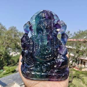 Idole de Ganesha en fluorite naturelle artisanale, statue en cristal sculptée à la main, vert et violet, divination, décoration de la maison - Product Image 1