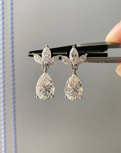 925 <b>Silver</b> Pear Cut Diamond Drop <b>Earrings</b> Flower Design Claw Setting Classic Women's <b>Wedding</b> Jewelry - Product Image 1