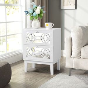 Comodino Bianco a Due Pezzi 45*30*60cm in MDF Verniciato a Spruzzo con Specchio Fumé e Due Cassetti Intagliati - Product Image 2