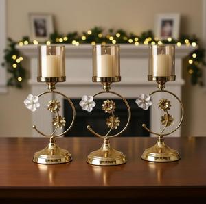 Golden Brass <b>Candelabra</b> with Amber Glass Candle Holders for Home Decoration - Product Image 3