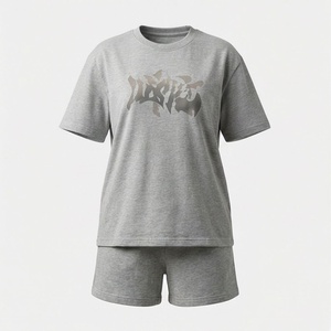 Women's 2 Piece Gray Cotton Casual Set Short Sleeve T Shirt and Above Knee Shorts Crew Neck Loose Fit Letter Print Daily Wear - Product Image 1