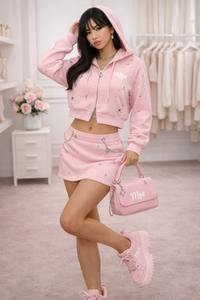 Custom Pink Vintage French Terry Woman's <b>Rhinestone</b> Crop Hoodie Heavyweight Thick Zipper <b>Jacket</b> Crystal Double Zip up Hoodies - Product Image 3