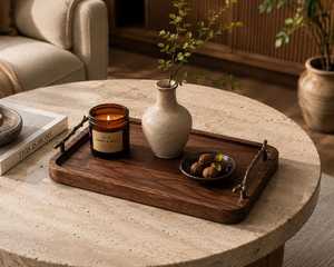 Plateau de rangement rectangulaire en bois avec poignée en laiton, design Wabi Sabi, finition laquée, pour utilisation sur table, service de boissons et de nourriture - Product Image 3