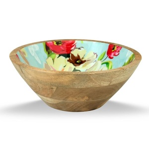 Tazón de madera de alta calidad con forma redonda para servir frutas y alimentos, con diseño floral único y acabado interior en esmalte. - Product Image 5
