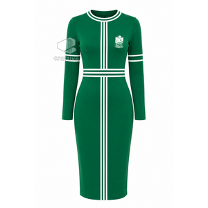 Robe midi moulante verte à manches longues pour femme Iota Phi Lambda avec accents rayés blancs, col rond, grande taille, coupe ajustée, robe décontractée - Product Image 1