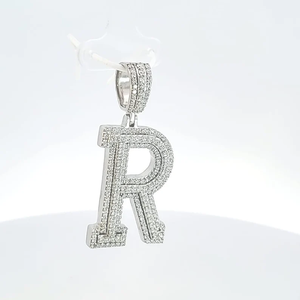 Platinum/Silver Plated Alloy Letter R Pendant Brilliant Cut Diamond <b>Micro</b> Pave Vintage Engagement IGI Certified Unisex Charm - Product Image 3