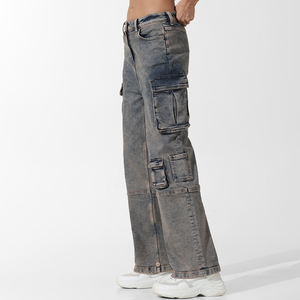Jeans Cargo de Mezclilla para Mujer, Cintura Alta, Corte Holgado, Color Sólido, Lavado a la Piedra, Algodón, Casual, con Logotipo Personalizado - Product Image 2