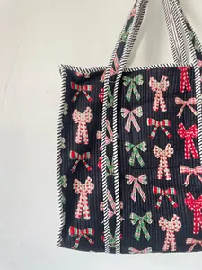 Christmas Bow Hand Block Print Quilted Cotton Tote Bag <b>Large</b> Capacity Women Shoulder Shopping Beach Travel <b>Handbag</b> - Product Image 2