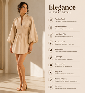 Robe Tunique Chic à Col Montant et Taille Smockée pour Femme, Manches Longues, 100% Coton, Mini-Robe Courte, Taille Naturelle, Style Moderne pour le Bureau - Product Image 4