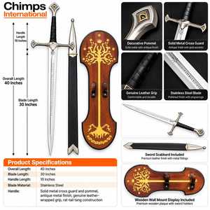 Espada Hecha a Mano de Acero Inoxidable |   Anduril Medieval de Fantasía con Funda Negra, Adorno Metálico Decorativo Grabado, Unisex, 14 - Product Image 2