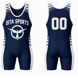 Combinaison de lutte sublimée bleu marine et blanc pour hommes, imprimé numérique, en polyester, tenue de lutte, vêtements de sport performants - Product Image 1