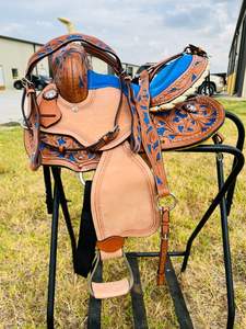 Silla de montar estilo Western hecha a mano de cuero genuino, tipo barril, con cincha ancha y duradera para equitación. - Product Image 6