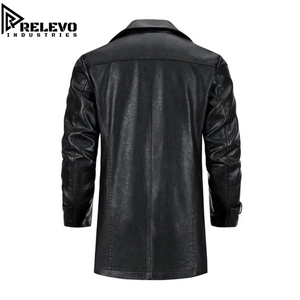 Abrigo Largo de Cuero Negro Vintage de Alta Calidad para Hombre, Chaqueta Casual Urbana de Cuero Sintético con Solapa de Muesca y Detalle en el Puño de la Manga - Product Image 2