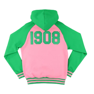 Sudadera con Capucha Bicolor AKA Rosa y Verde con Letras Griegas Bordadas para Mujer, Chaqueta Casual de Forro Polar - Product Image 2