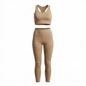Conjunto de Yoga sin Costuras para Mujer, 2 Piezas, Top Corto con Espalda Cruzada, Leggings Largos de Cintura Alta, Color Beige Sólido, Ropa Deportiva - Product Image 1