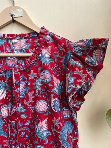 Main Bloc Imprimé Femmes Robe Midi Boho Coton Gaze D'été Robe Courte avec Gland Décoration Style Indien - Product Image 6