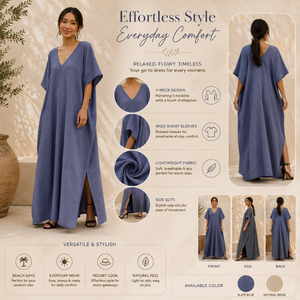 Vestido Kaftan de Gasa de Algodón |   Vestido Maxi Holgado con Cuello en V para Mujer, Manga Corta, Informal, Verano, Playa, Ligero, para Vacaciones - Product Image 5