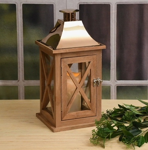Lanterne carrée en bois faite à la main, support de bougie vintage en X, lampe décorative en métal poli pour la maison et le jardin - Product Image 3